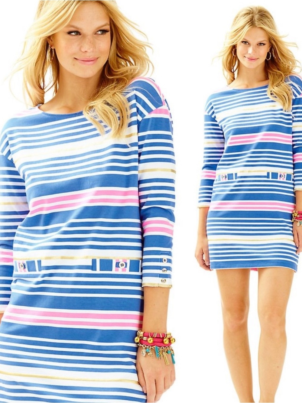 Lilly Pulitzer Lena Lapis Blue Stripedw Boatneck Shift Dress in Blue, Pink, Gold